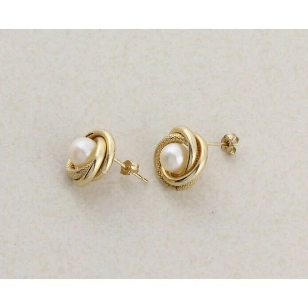 10k Yellow Gold Freshwater Pearl Knot Earrings Stud Post - Picture 8 of 9